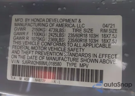 2021 Honda Cr-V Awd Ex-L из США, поврежденный, VIN 5J6RW2H88ML018580